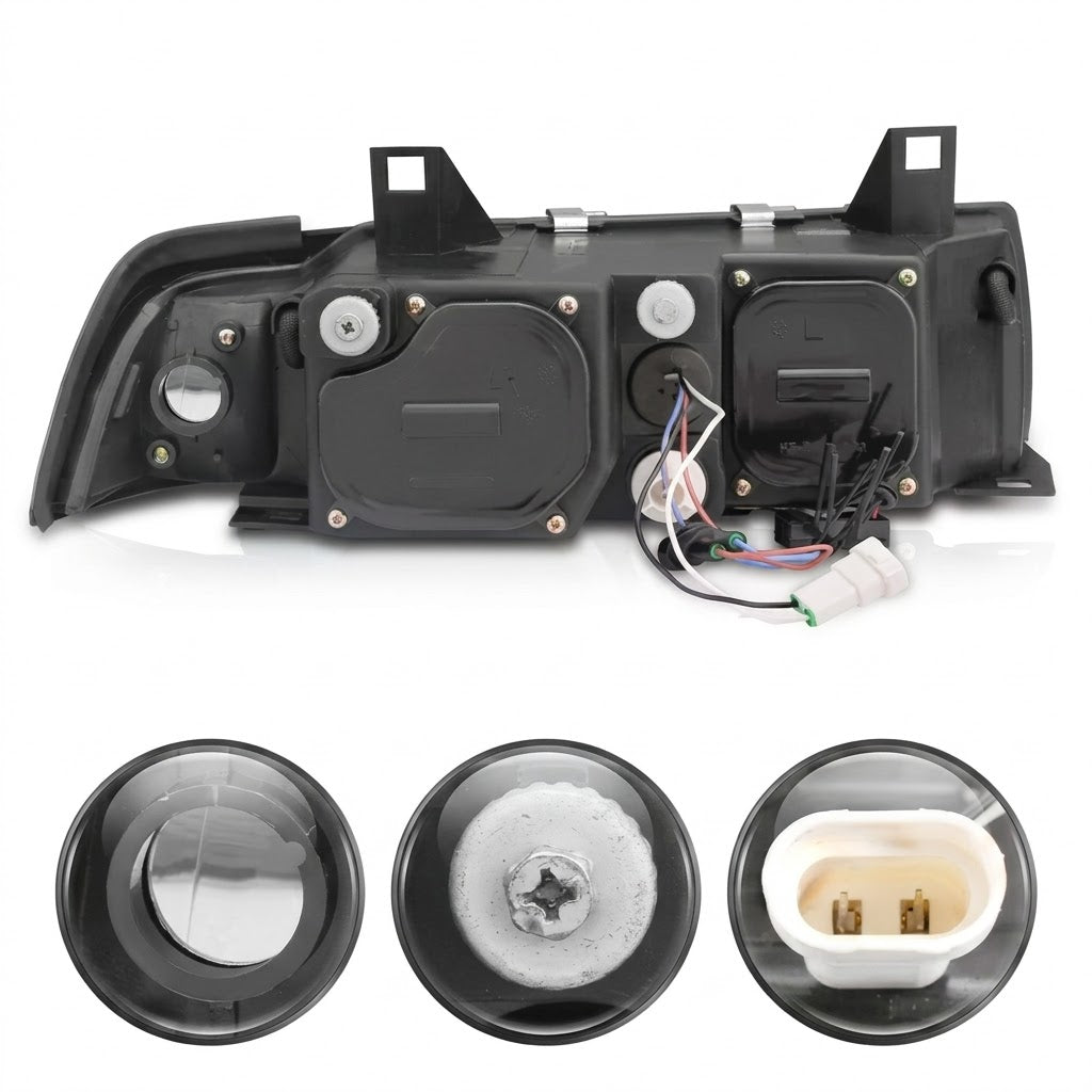 Anzo USA Black Housing G2 1-Piece Projector Headlights w/ Halos & Clear Lens for BMW 318i / 320i E36 4-Door Sedan (1992-1998) ANZ121325