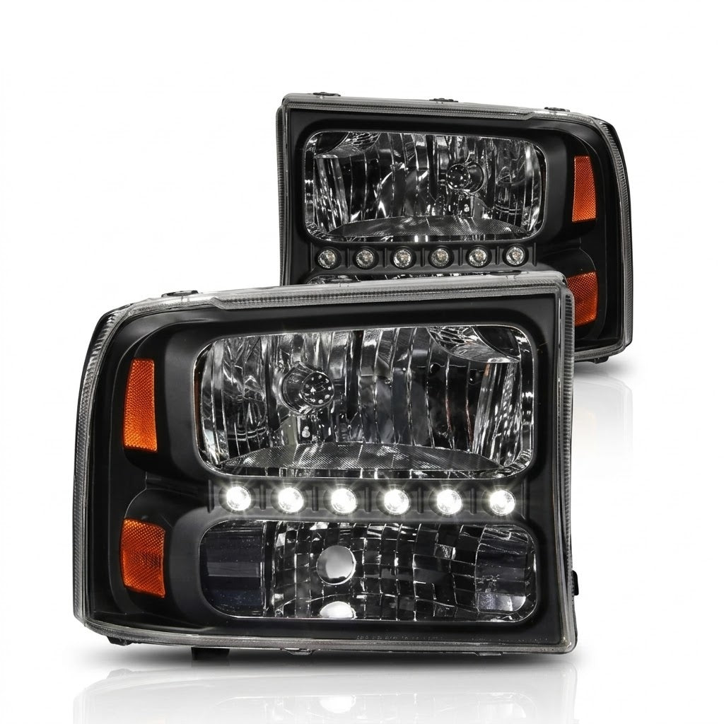 Anzo USA Black Crystal Headlights w/ LED for Ford Excursion (2000-2004) — Pair | ANZ111106