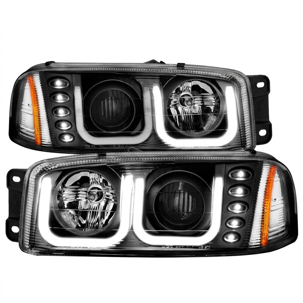 Anzo USA Black Housing Projector Headlights w/ U-Bar & LED Parking Lights for GMC Sierra (1999-2006), Yukon/XL (2000-2006) & Denali (2001-2006) — Pair | ANZ111303
