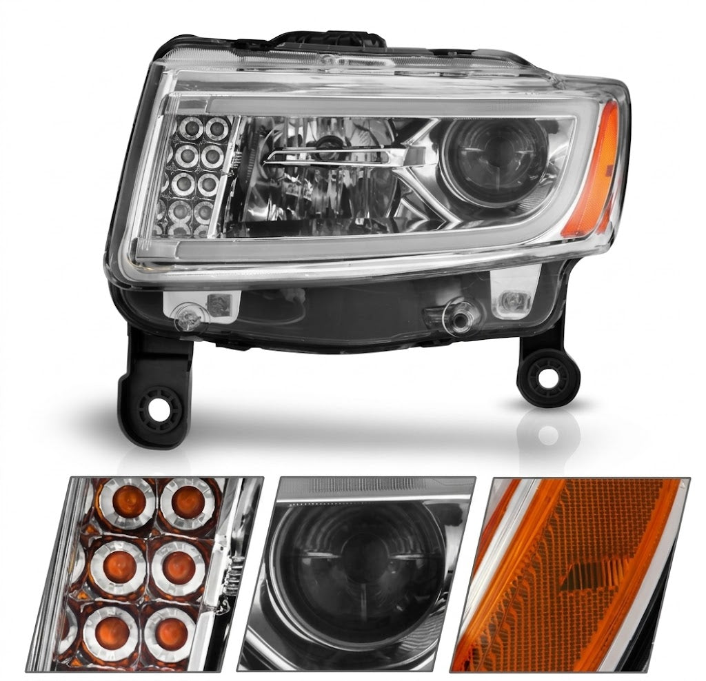 Anzo USA Chrome/Black Plank Style Projector Headlights w/ LED Bar for Jeep Grand Cherokee (2014-2016) Halogen Models — Pair | ANZ111328