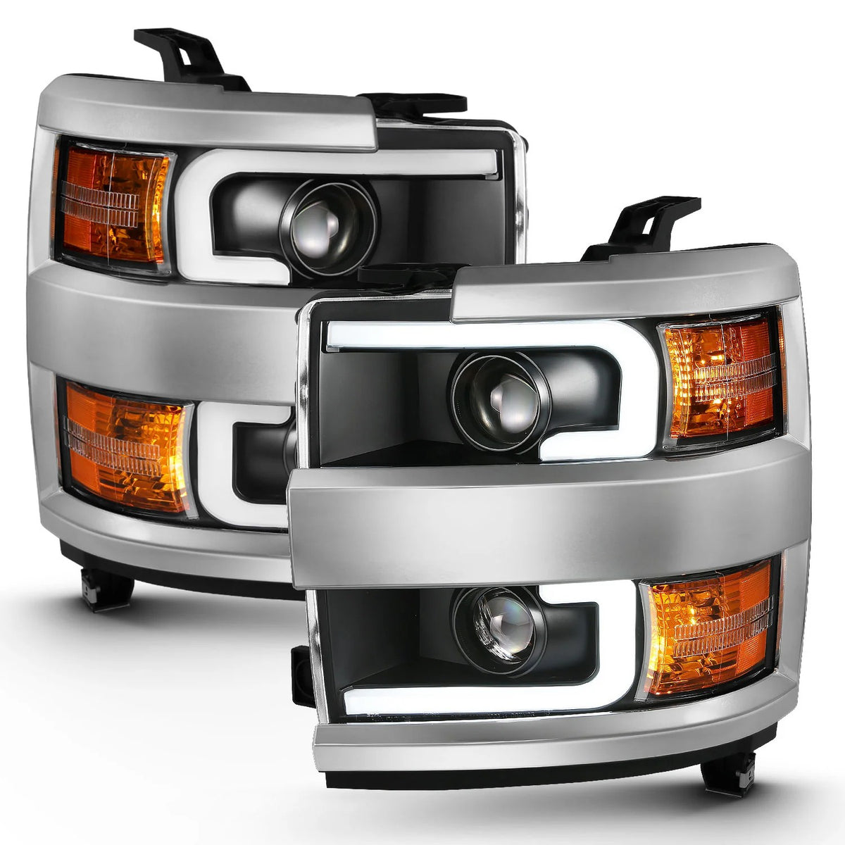 Anzo USA Chevy Silverado 2500HD/3500HD (2015-2019) Projector Headlights w/ Plank Style - Black (Chrome Trim) / Clear Lens (ANZ111359)