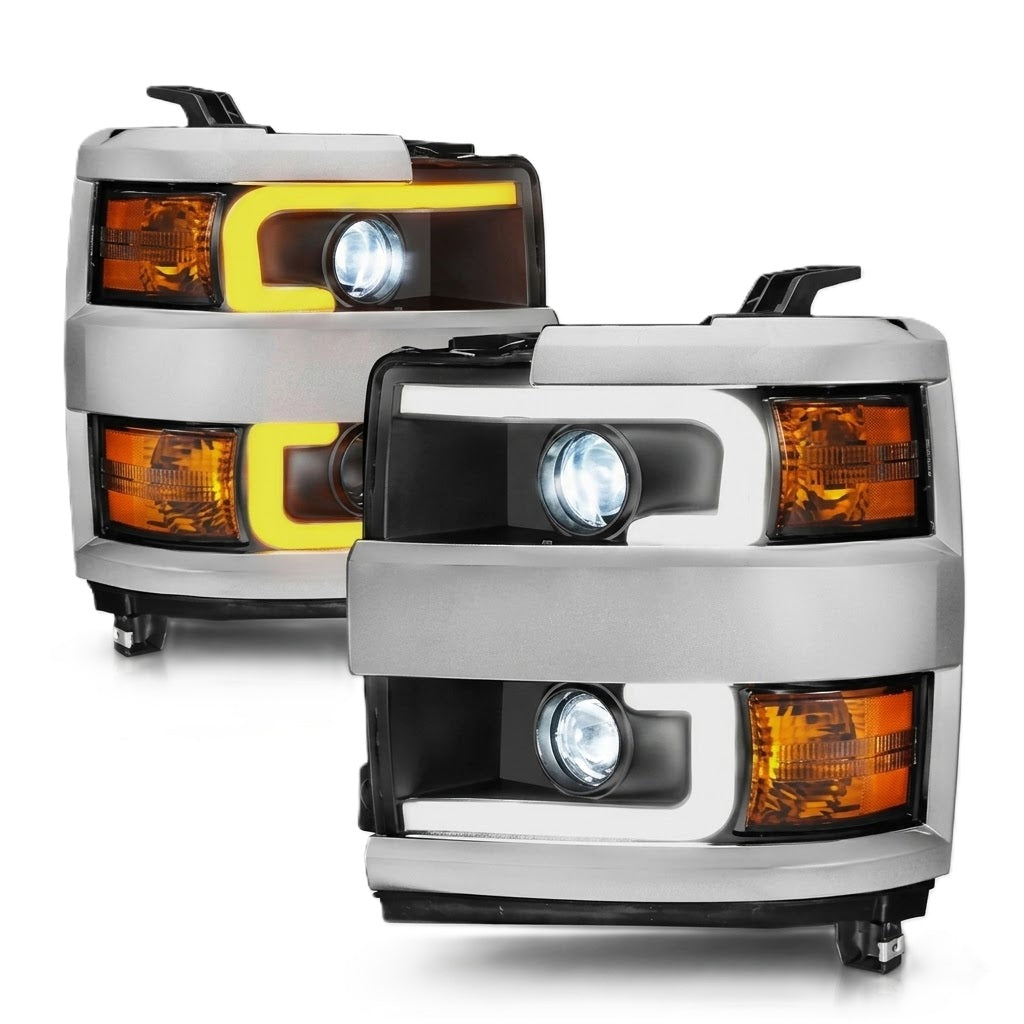 Anzo USA Black/Amber Plank Style Switchback Projector Headlights w/ Chrome Trim for Chevrolet Silverado 2500HD/3500HD (2015-2019) — Pair | Part  ANZ111365