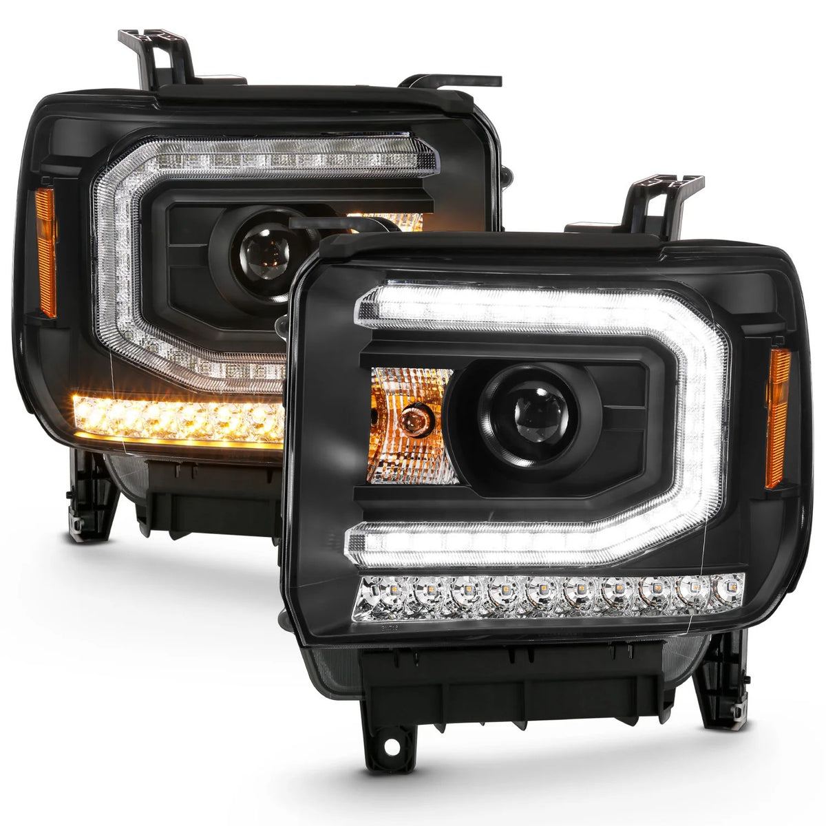 Anzo USA GMC Sierra 1500 2016-2019 Projector Headlights Black Housing Clear Lens w/ Sequential Amber Signal & Plank Style (HID Compatible, No HID Kit) (ANZ111485)