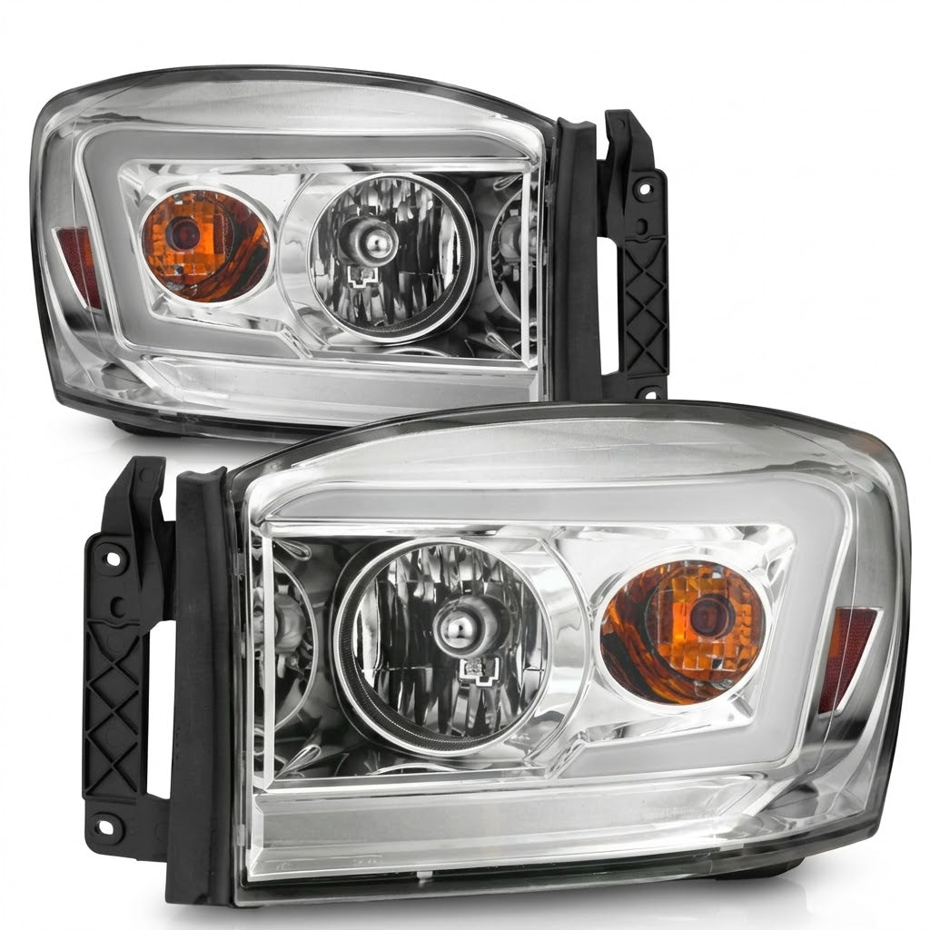 Anzo USA Chrome Housing Crystal C-Bar LED Headlights with Amber Reflector for Dodge Ram 1500 / 2500 / 3500 (2006-2008) — Pair | ANZ111525