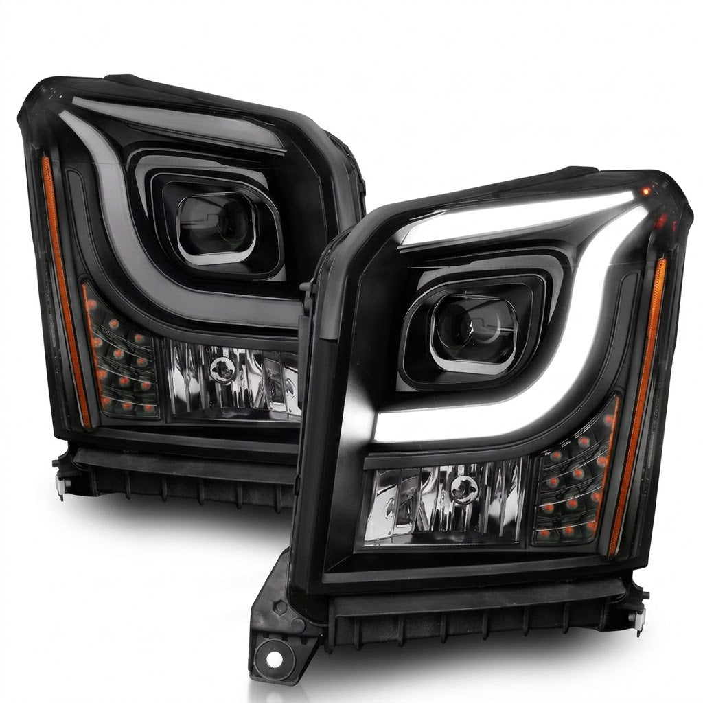 Anzo USA Black Housing Projector Headlights w/ LED Accent Light Bar for GMC Yukon & Yukon XL (2015-2020) — Pair | ANZ111535