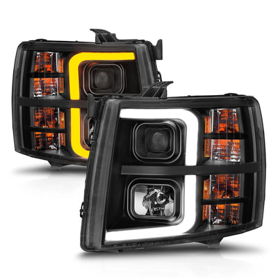 Anzo USA Chevy Silverado 1500 (2007-2013) / 2500HD/3500HD (2007-2014) Black Projector Headlights w/ LED Light Bar & Sequential Turn Signals (ANZ111545)