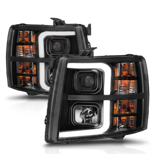 Anzo USA Black Projector Headlights w/ LED Light Bar & Sequential Turn Signals for Chevrolet Silverado 1500 (2007-2013) & 2500HD/3500HD (2007-2014) — Pair | ANZ111545