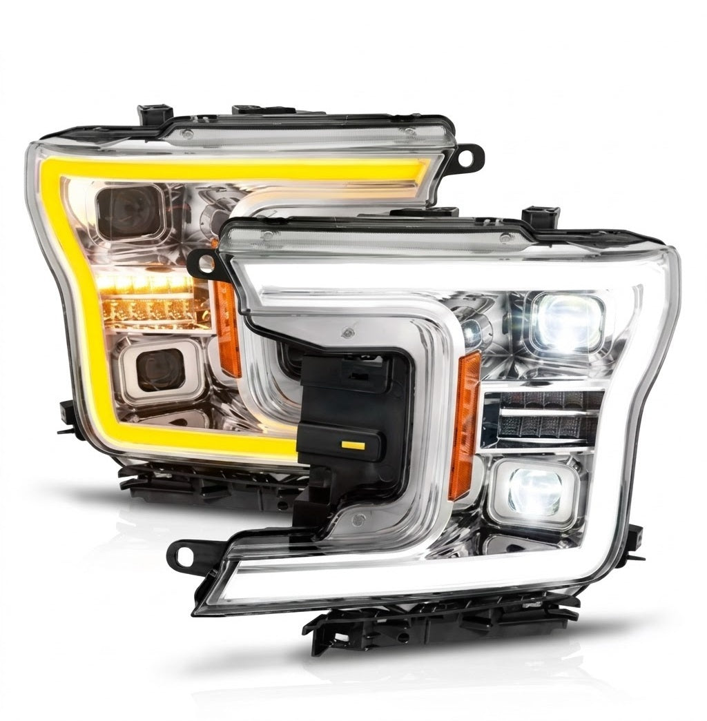 Anzo USA Chrome Projector LED Headlights w/ Sequential Turn Signal & Light Bar for Ford F-150 (2018-2020) — Pair | ANZ111571