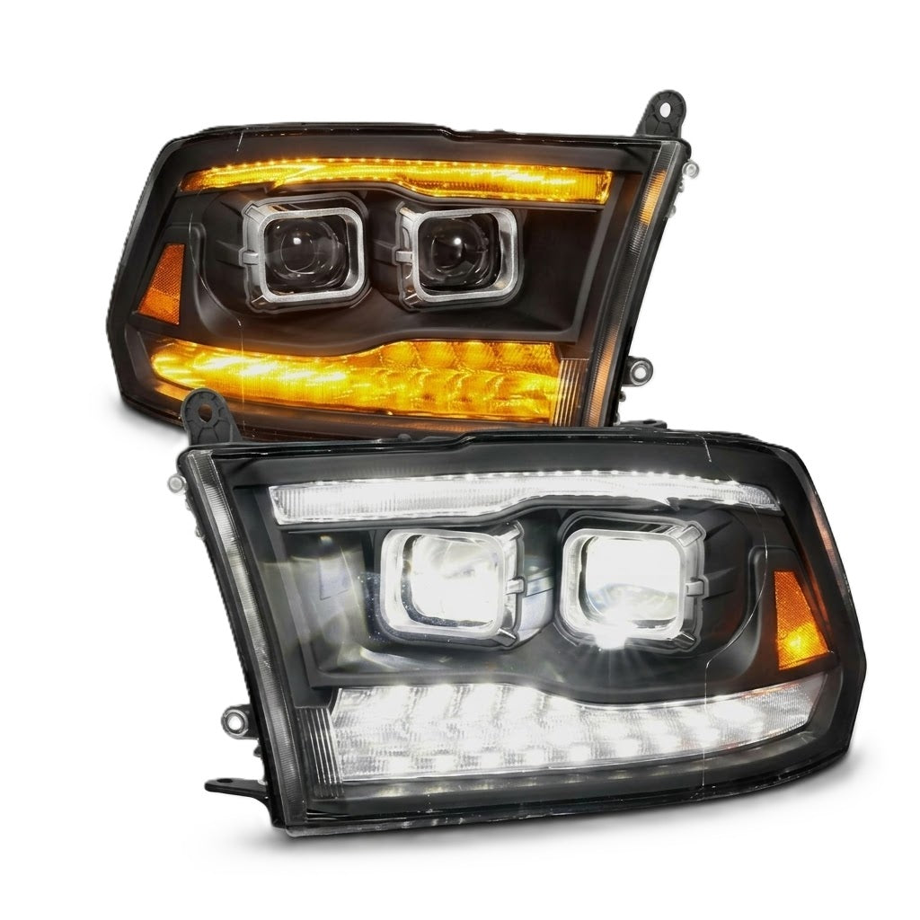 Anzo USA Z-Series Full LED Square Dual Projector Headlight w/ Switchback Light Bar for Dodge Ram (2009-2018) — Black Housing | ANZ111595