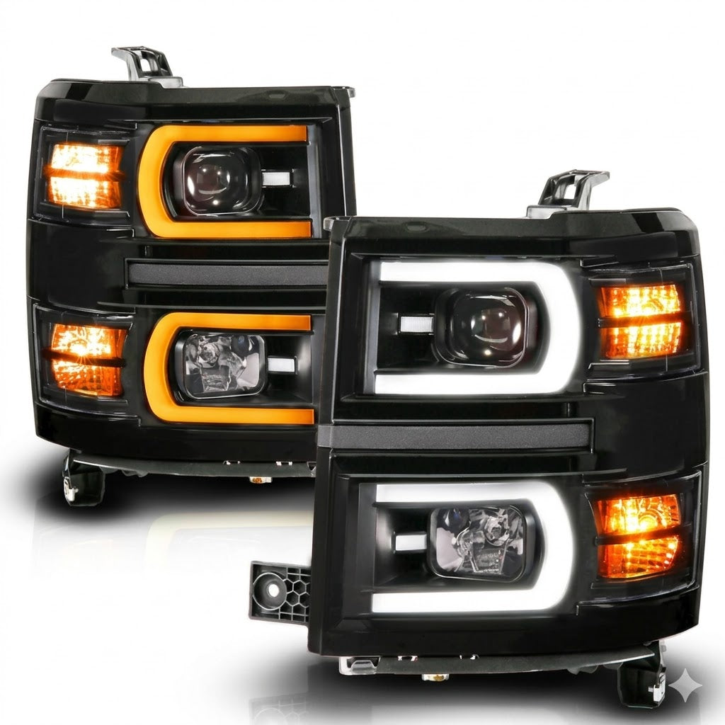 Anzo USA Black Housing Square Projector Headlights w/ Sequential LED Bar for Chevrolet Silverado 1500 (2014-2015) — Pair | ANZ111617