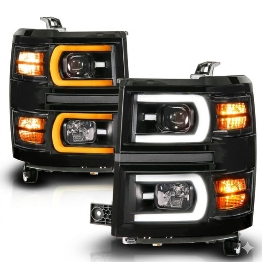 Anzo USA Black Housing Square Projector Headlights w/ Sequential LED Bar for Chevrolet Silverado 1500 (2014-2015) — Pair | ANZ111617