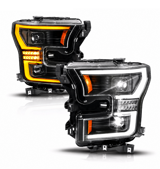Anzo USA Black Plank Style Full LED Projector Headlights w/ Sequential Turn Signals for Ford F-150 (2015-2017) — Pair | ANZ111630A