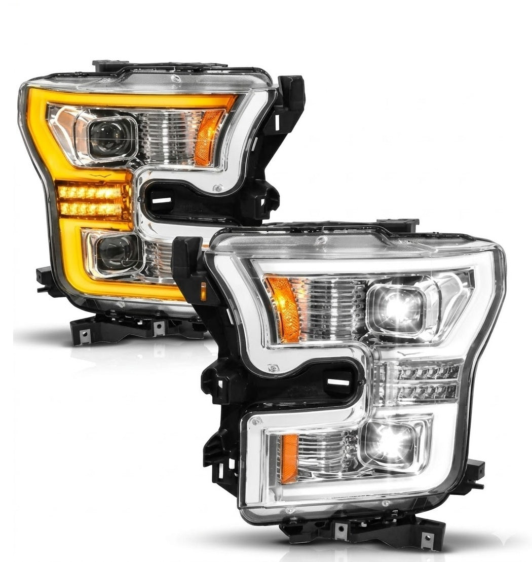 Anzo USA Chrome Plank Style Full LED Projector Headlights w/ Sequential Turn Signals for Ford F-150 (2015-2017) — Pair | ANZ111631A