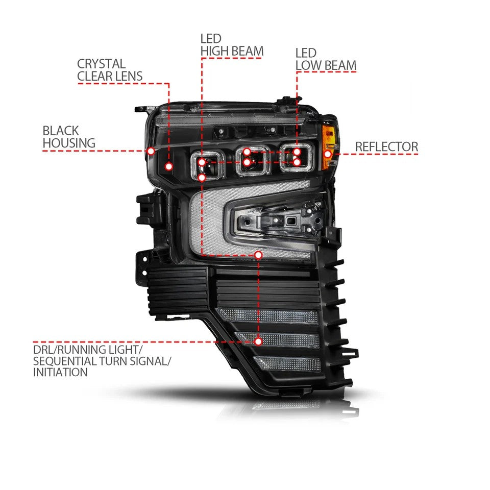 Anzo USA Chevy Silverado 1500 (2022-2026) - Z-Series Black Full LED Projector Headlights w/ Switchable DRL, Sequential Signal & Initiation Feature (SKU: ANZ111638X)
