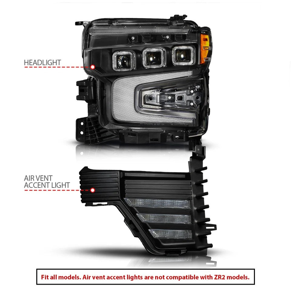 Anzo USA Chevy Silverado 1500 (2022-2026) - Z-Series Black Full LED Projector Headlights w/ Switchable DRL, Sequential Signal & Initiation Feature (SKU: ANZ111638X)