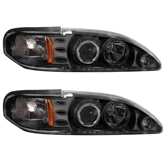 Anzo USA Black Housing 1-Piece Projector Headlights w/ LED Halo for Ford Mustang (1994-1998) — Pair |  ANZ121038