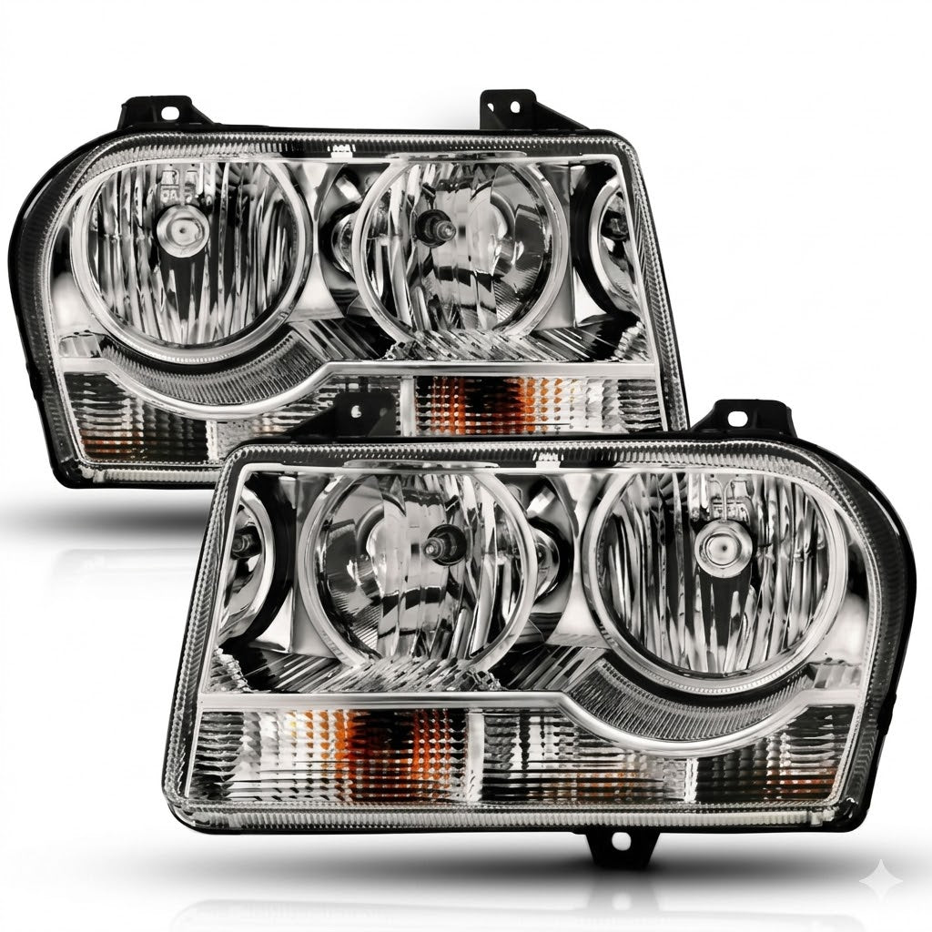 Anzo USA Chrome Housing Crystal Headlights w/ Amber Reflector for Chrysler 300 (2005-2010) Halogen Models Only — Pair |  ANZ121529