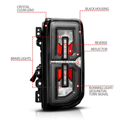 Anzo USA Ford Bronco (2021-2026) Black Full LED Tail Lights w/ Clear Lens & Sequential Signal LED Bar, LED Turn Signal, LED Brake, LED Parking, and LED Reverse (ANZ311490X)