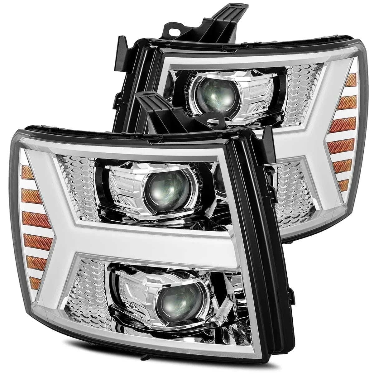 AlphaRex Chrome Plank Style Halogen Projector Headlights w/ Activation Light & Sequential Signal for 2007-2014 Chevrolet Silverado 1500/2500HD/3500HD (SKU ARX880204 / AXHL-CL07-PPTS-C-A)