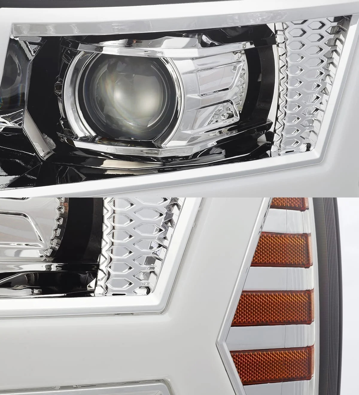 AlphaRex Chrome Plank Style Halogen Projector Headlights w/ Activation Light & Sequential Signal for 2007-2014 Chevrolet Silverado 1500/2500HD/3500HD (SKU ARX880204 / AXHL-CL07-PPTS-C-A)