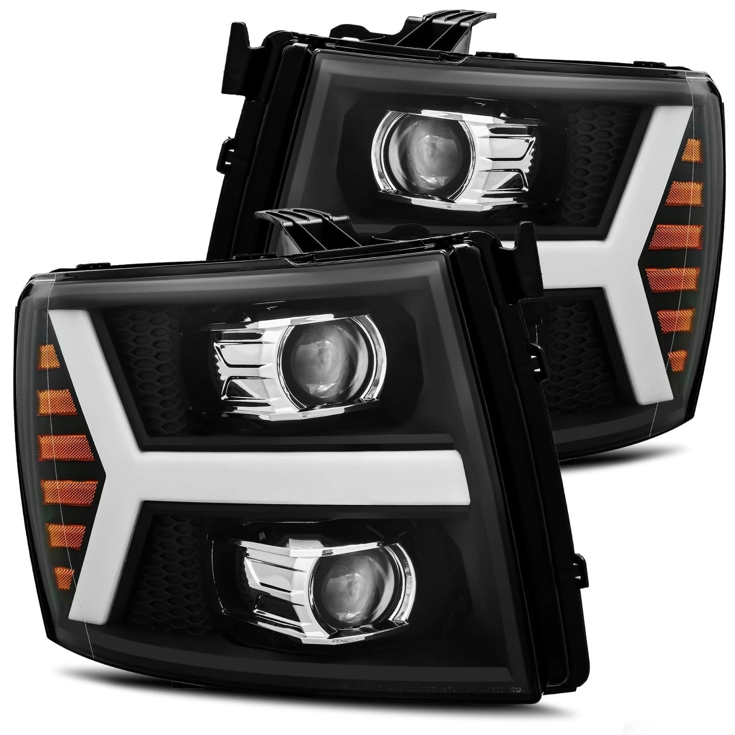 AlphaRex Matte Black Plank Style Halogen Projector Headlights w/ Activation Light & Sequential Signal for 2007-2014 Chevrolet Silverado 1500/2500HD/3500HD (SKU ARX880205 / AXHL-CL07-PPTS-B-A)