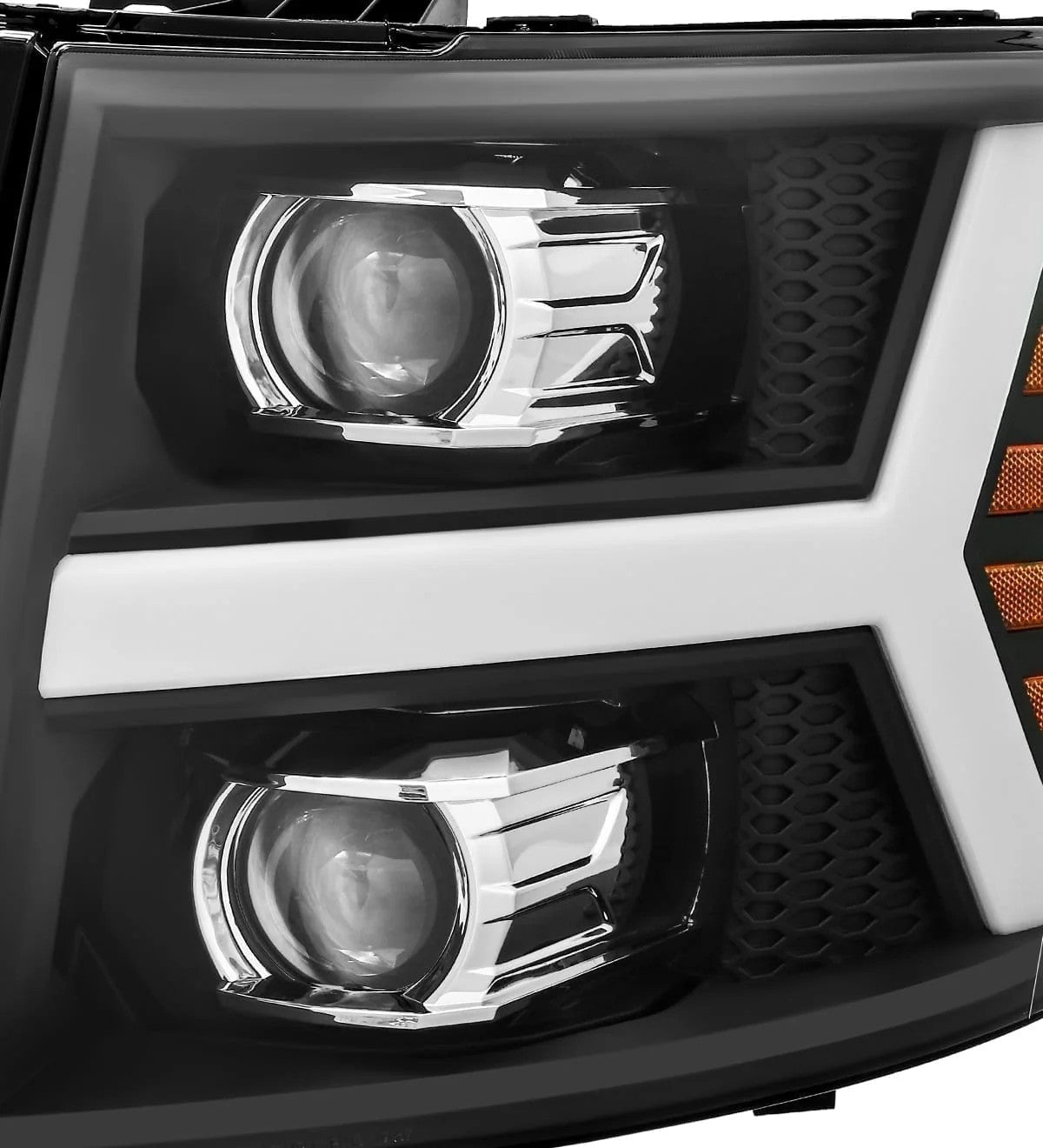 AlphaRex Matte Black Plank Style Halogen Projector Headlights w/ Activation Light & Sequential Signal for 2007-2014 Chevrolet Silverado 1500/2500HD/3500HD (SKU ARX880205 / AXHL-CL07-PPTS-B-A)