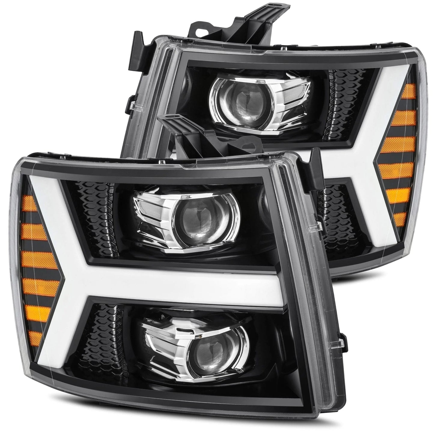 AlphaRex Gloss Black (Jet Black) Plank Style Halogen Projector Headlights w/ Activation Light & Sequential Signal for 2007-2014 Chevrolet Silverado 1500/2500HD/3500HD (SKU ARX880206 / AXHL-CL07-PPTS-LB-A)