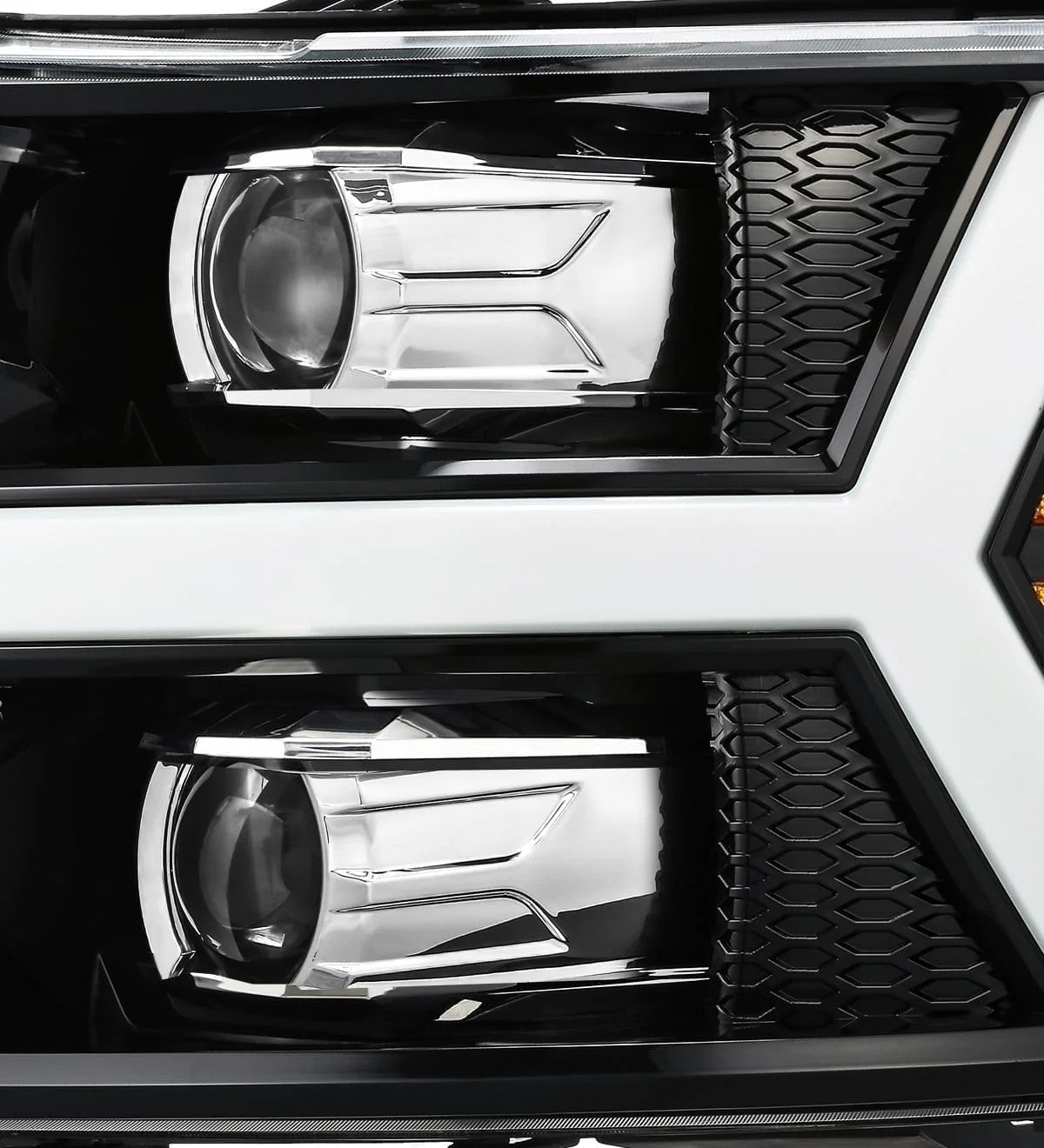 AlphaRex Gloss Black (Jet Black) Plank Style Halogen Projector Headlights w/ Activation Light & Sequential Signal for 2007-2014 Chevrolet Silverado 1500/2500HD/3500HD (SKU ARX880206 / AXHL-CL07-PPTS-LB-A)