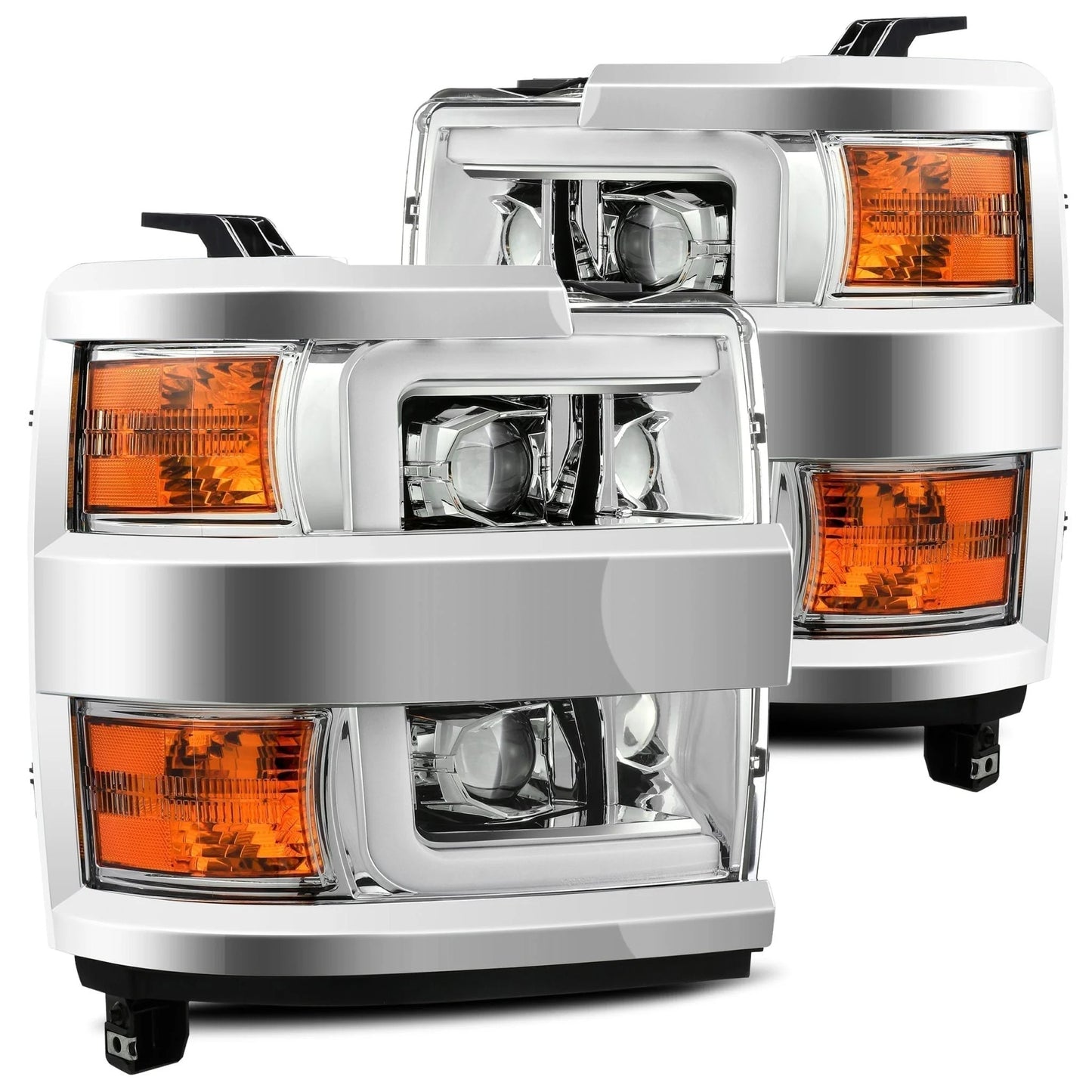 AlphaRex Chrome Plank Style Halogen Projector Headlights w/ Activation Light, Switchback DRL & Sequential Signal for 2015-2019 Chevrolet Silverado 2500HD/3500HD (SKU ARX880225 / AHL-CL215-P-SA-C)