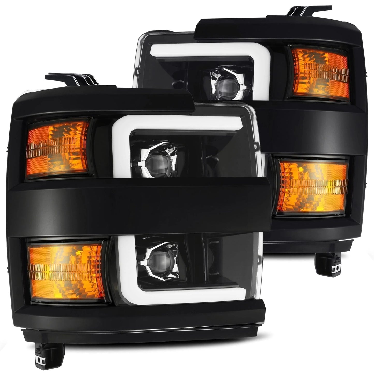 AlphaRex Gloss Black (Jet Black) Plank Style Halogen Projector Headlights w/ Activation Light, Switchback DRL & Sequential Signal for 2015-2019 Chevrolet Silverado 2500HD/3500HD (SKU ARX880226 / AHL-CL215-P-SA-LB)