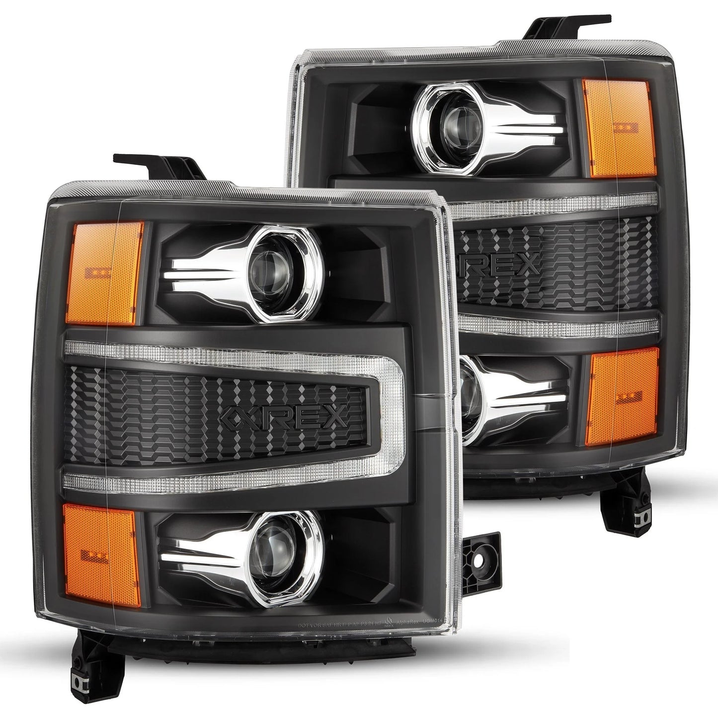 AlphaRex Black Halogen Projector Headlights w/ DRL & Sequential Signal for 2014-2015 Chevrolet Silverado 1500 (SKU ARX880245 / AHL-CL14-P-S-B)
