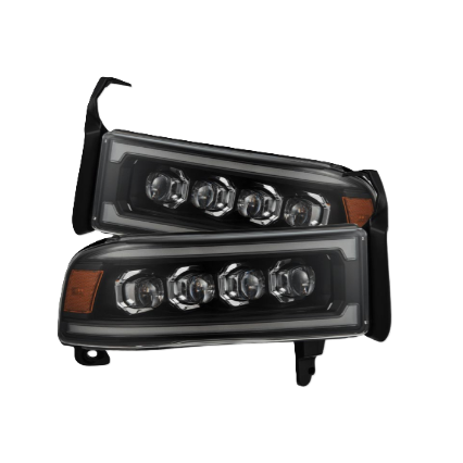 AlphaRex Black LED Projector Headlights with Activation Light, Sequential Turn Signals, and DRL for Dodge Ram 2500/3500 1994-2002 — SKU: ARX880350