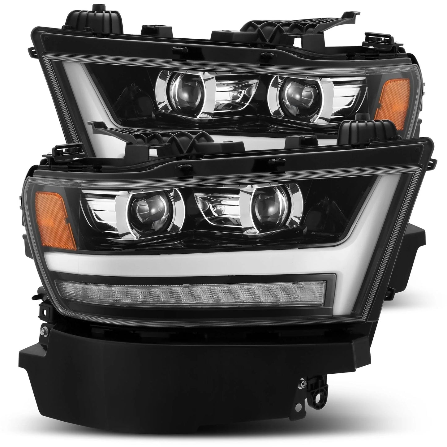 AlphaRex Gloss Black (Jet Black) Plank Style Halogen Projector Headlights w/ Activation Light, Switchback DRL & Sequential Signal for 2019-2024 Ram 1500 (SKU ARX880513 / AXHL-DR19-PPTS-LB-A)
