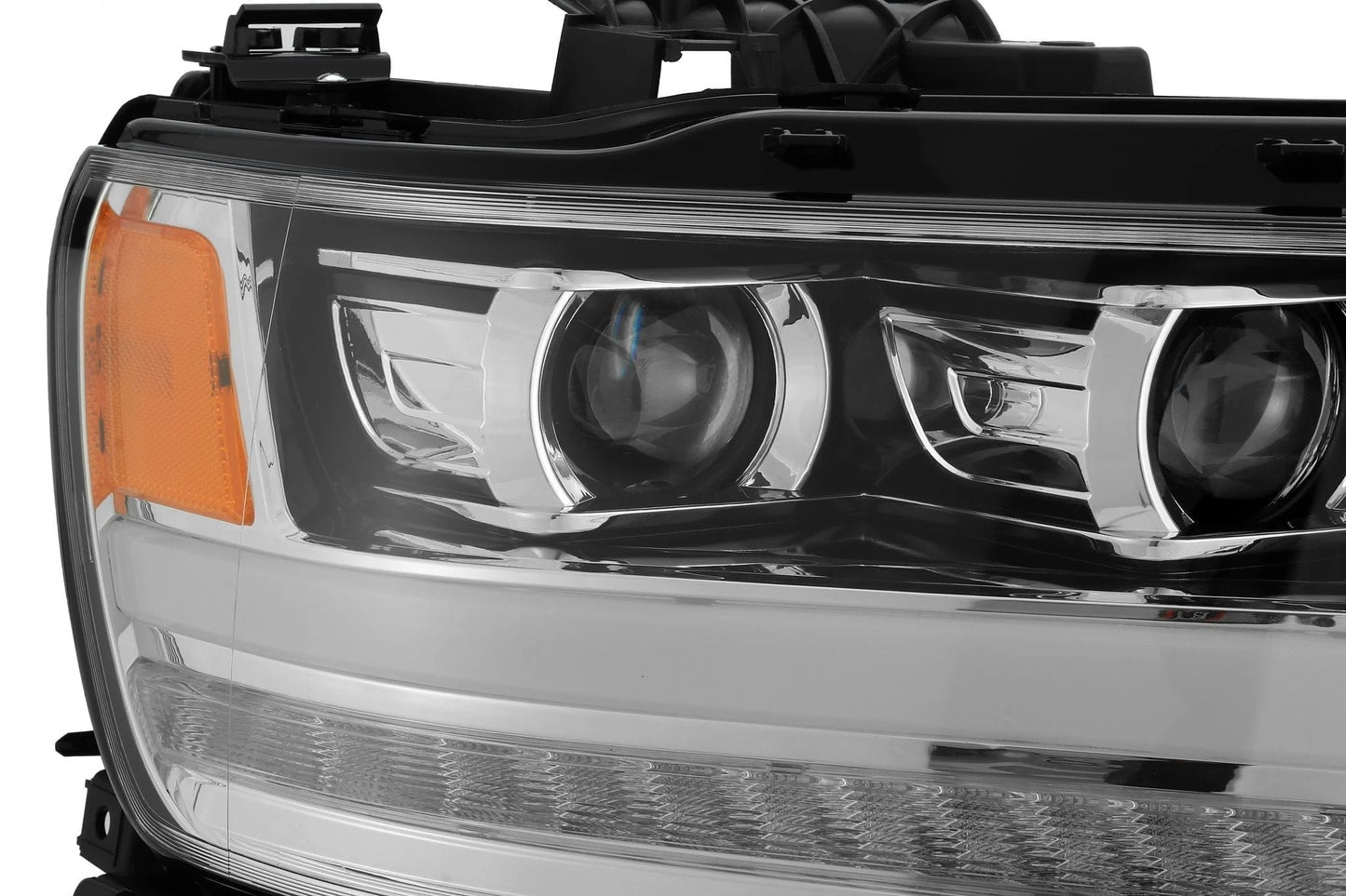 AlphaRex Chrome Plank Style Halogen Projector Headlights w/ Activation Light, Switchback DRL & Sequential Signal for 2019-2024 Ram 1500 (SKU ARX880514 / AXHL-DR19-PPTS-C-A)