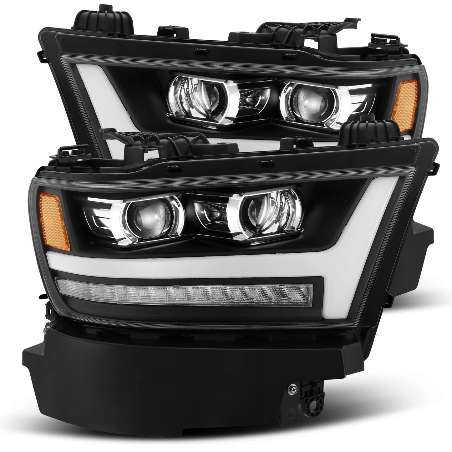 AlphaRex Black Plank Style Halogen Projector Headlights w/ Activation Light, Switchback DRL & Sequential Signal for 2019-2024 Ram 1500 (SKU ARX880515 / AXHL-DR19-PPTS-B-A)