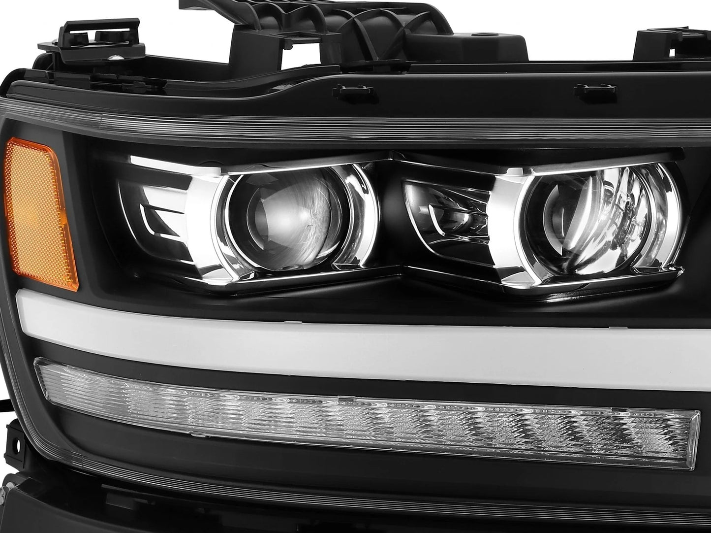 AlphaRex Black Plank Style Halogen Projector Headlights w/ Activation Light, Switchback DRL & Sequential Signal for 2019-2024 Ram 1500 (SKU ARX880515 / AXHL-DR19-PPTS-B-A)