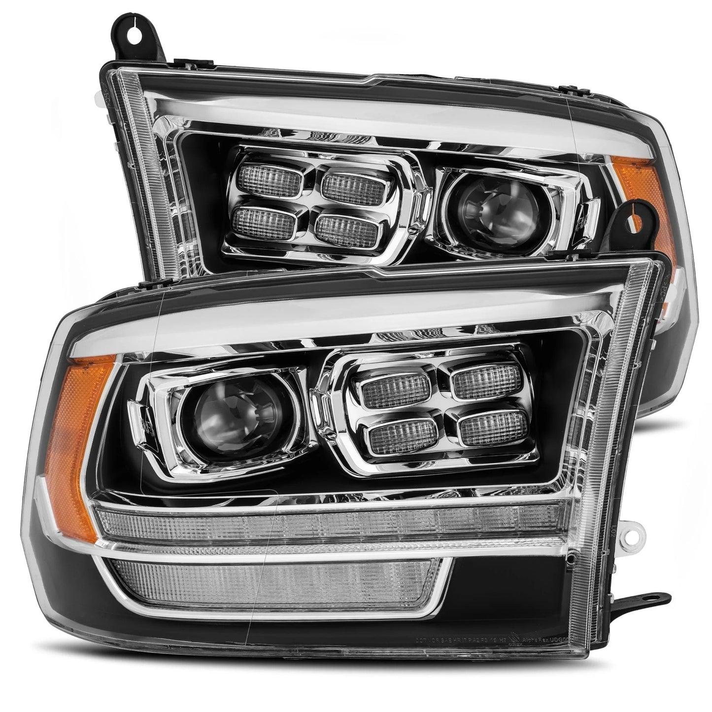 AlphaRex Black Plank Style Halogen Projector Headlights w/ Top Bottom DRL & Sequential Signal for 2009-2018 Ram 1500/2500/3500 & 2019-2024 Ram Classic (SKU ARX880523 / AHL-DR09-P-G4-SA-B)