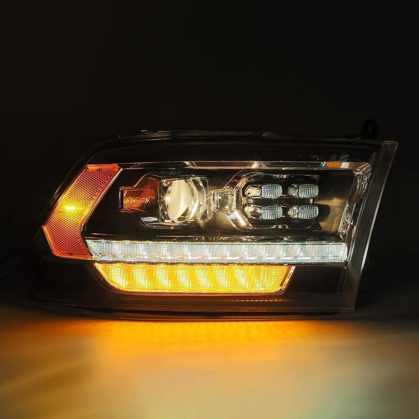 AlphaRex Black Plank Style Halogen Projector Headlights w/ Top Bottom DRL & Sequential Signal for 2009-2018 Ram 1500/2500/3500 & 2019-2024 Ram Classic (SKU ARX880523 / AHL-DR09-P-G4-SA-B)