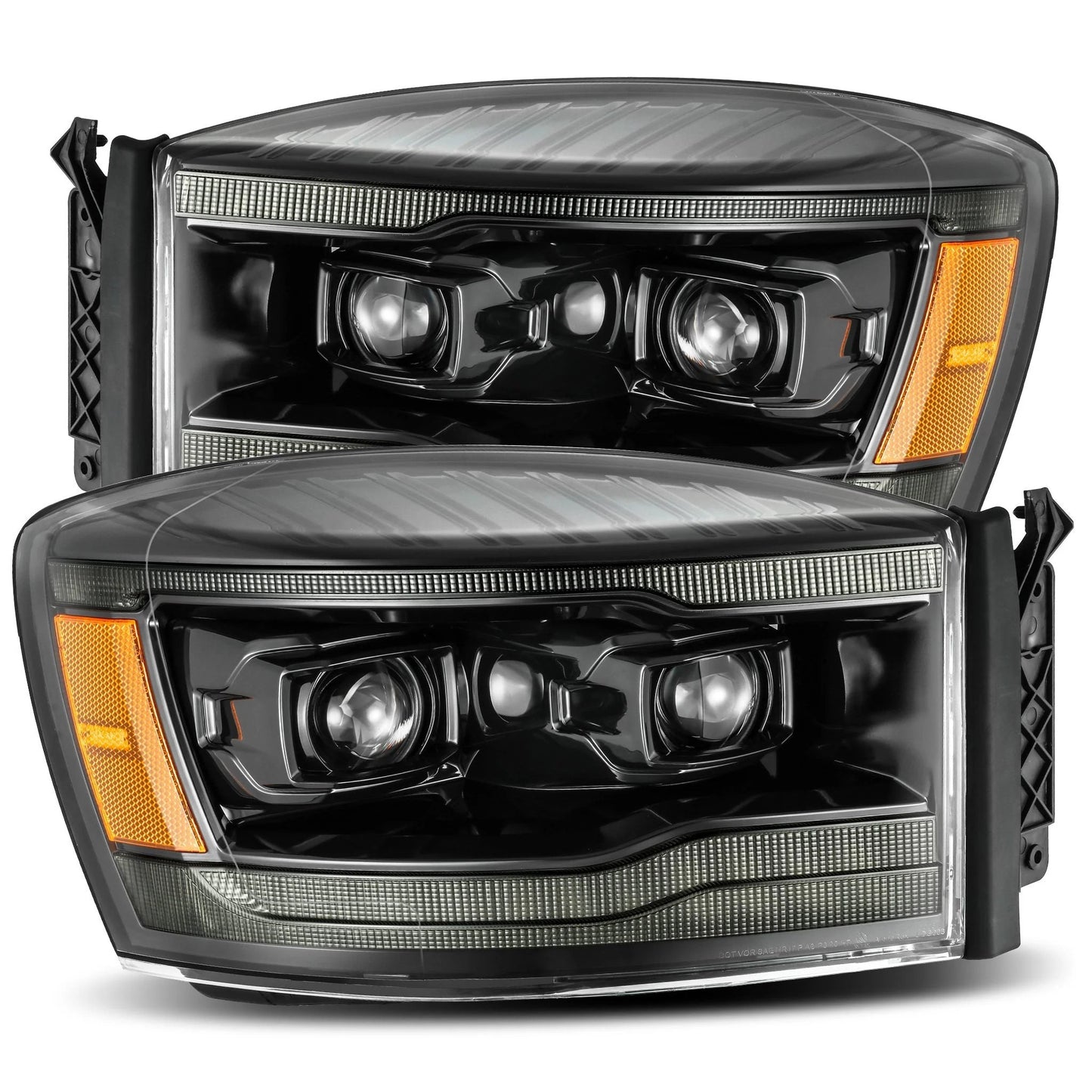 AlphaRex Alpha-Black Plank Style Halogen Projector Headlights w/ Top Bottom DRL & Sequential Signal for 2006-2009 Dodge Ram 1500/2500/3500 (SKU ARX880530 / AHL-DR06-P-S-LB)