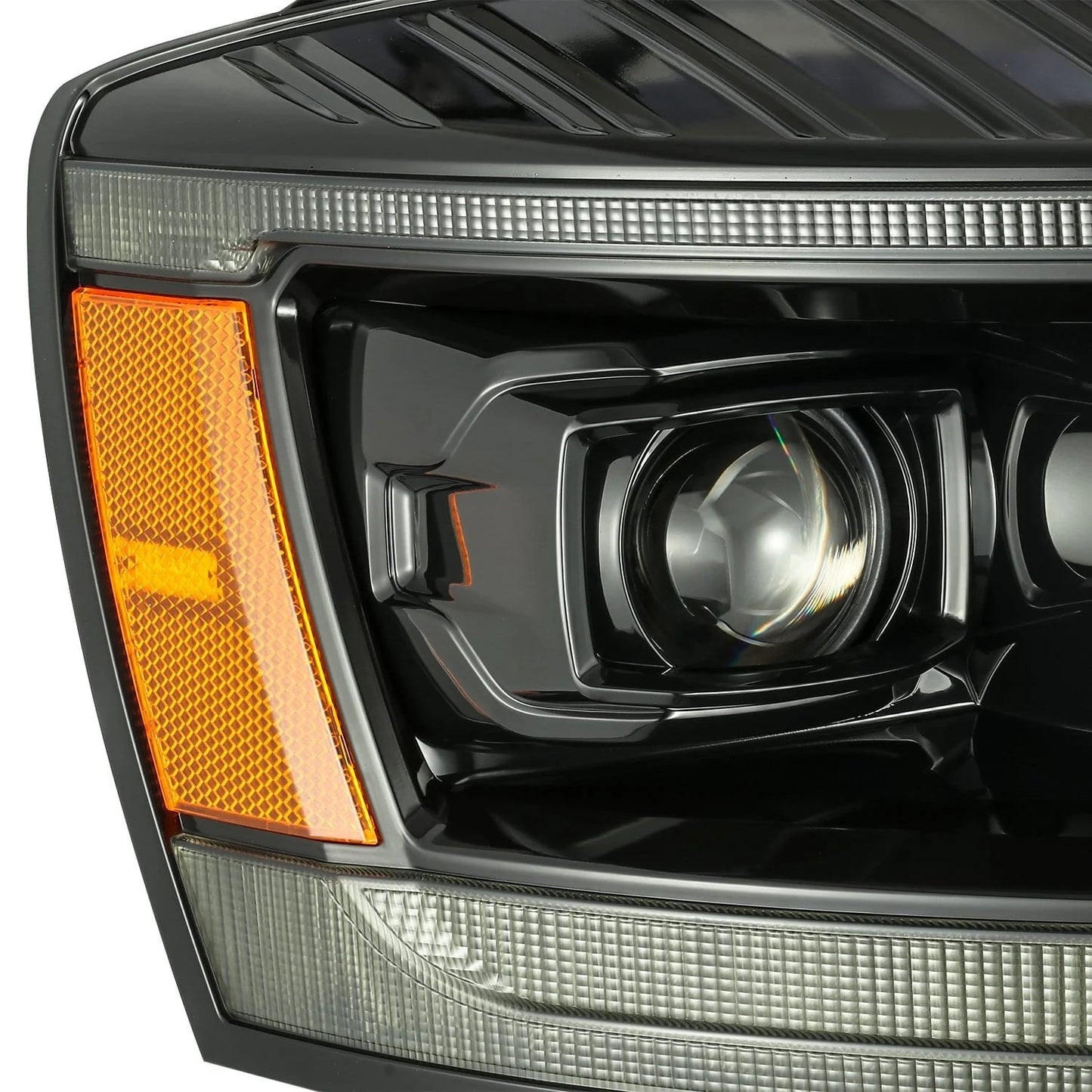 AlphaRex Alpha-Black Plank Style Halogen Projector Headlights w/ Top Bottom DRL & Sequential Signal for 2006-2009 Dodge Ram 1500/2500/3500 (SKU ARX880530 / AHL-DR06-P-S-LB)