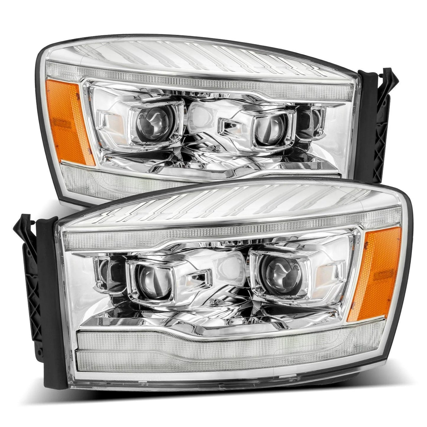 AlphaRex Chrome Plank Style Halogen Projector Headlights w/ Top Bottom DRL & Sequential Signal for 2006-2009 Dodge Ram 1500/2500/3500 (SKU ARX880531 / AHL-DR06-P-S-C)