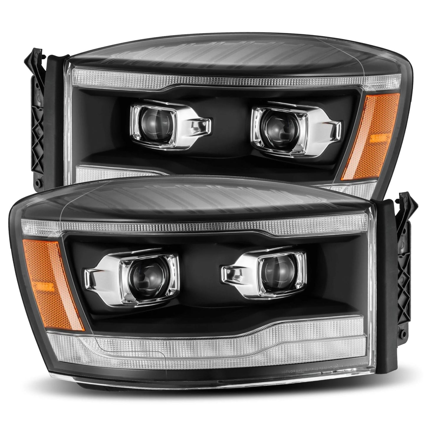 AlphaRex Black Plank Style Halogen Projector Headlights w/ Sequential Signal Top Bottom DRL for 2006-2009 Dodge Ram 1500/2500/3500 (SKU ARX880532 / AHL-DR06-P-S-B)