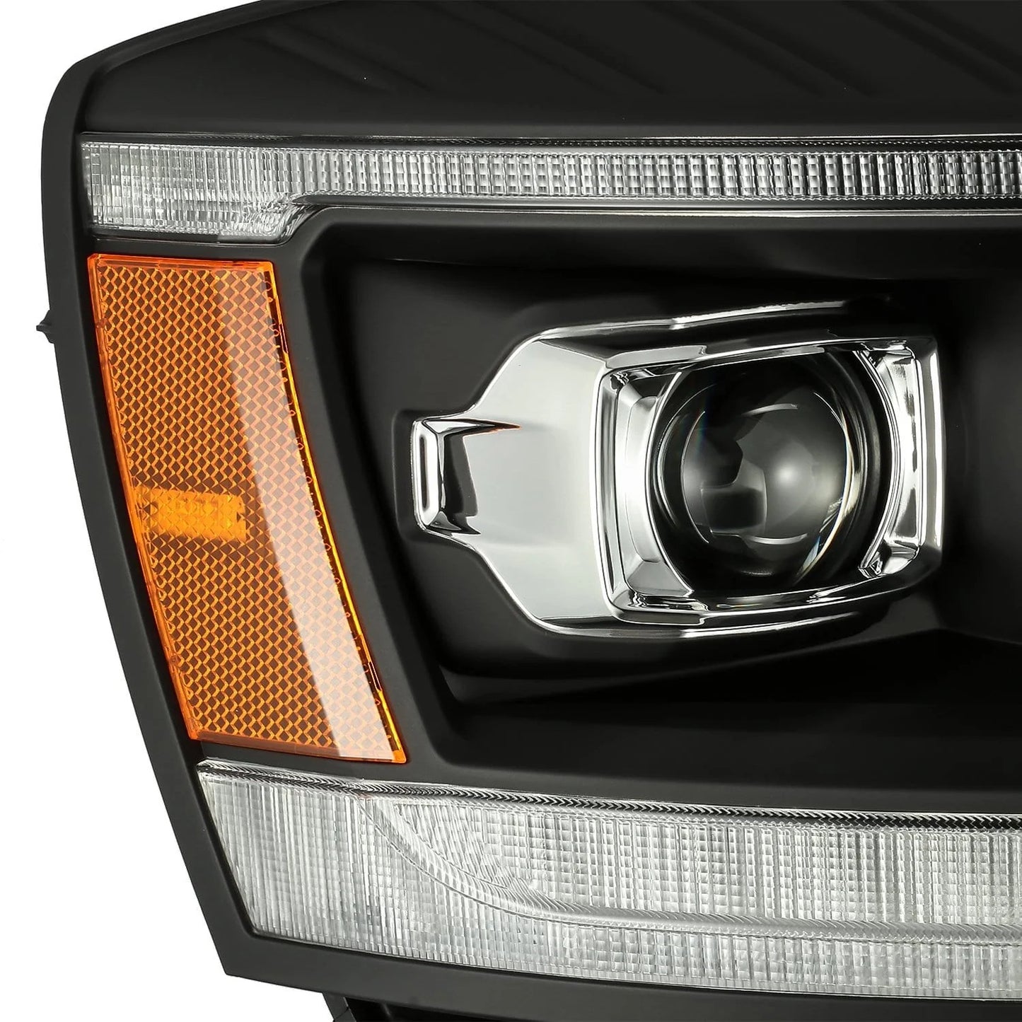 AlphaRex Black Plank Style Halogen Projector Headlights w/ Sequential Signal Top Bottom DRL for 2006-2009 Dodge Ram 1500/2500/3500 (SKU ARX880532 / AHL-DR06-P-S-B)