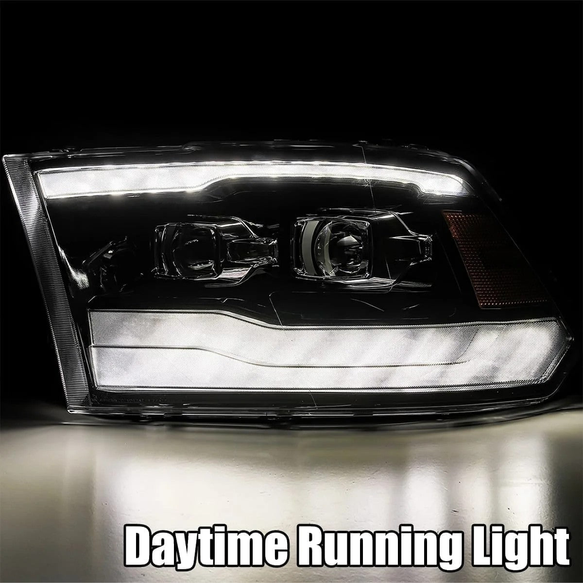 AlphaRex Alpha-Black Plank Style Halogen Projector Headlights w/ Sequential Signal DRL for 2009-2018 Ram 1500 & 2019-2024 Ram 1500 Classic (SKU ARX880542 / AHL-DR09-P-G3-SA-FLB)