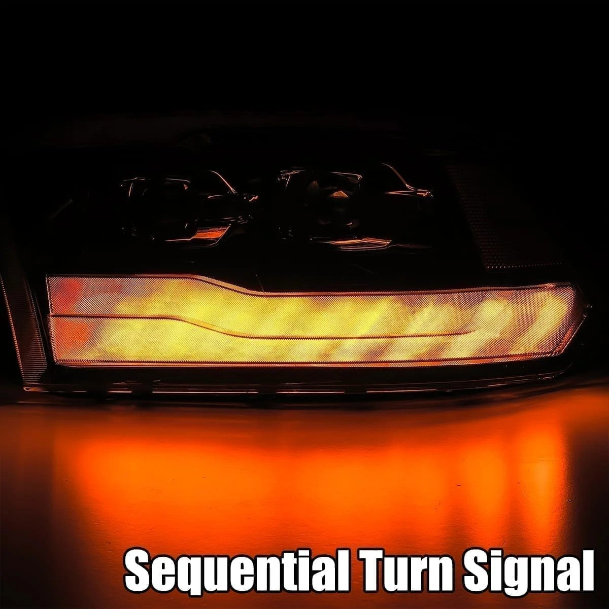 AlphaRex Alpha-Black Plank Style Halogen Projector Headlights w/ Sequential Signal DRL for 2009-2018 Ram 1500 & 2019-2024 Ram 1500 Classic (SKU ARX880542 / AHL-DR09-P-G3-SA-FLB)