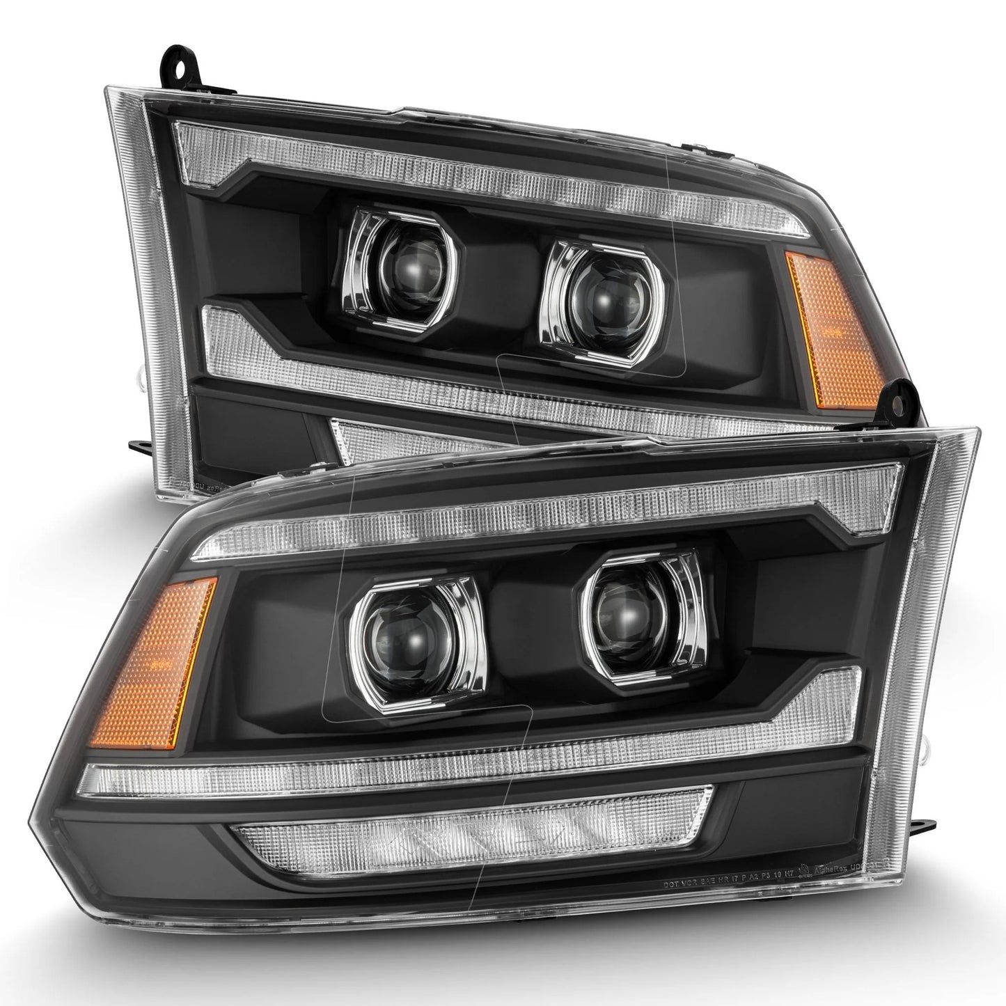AlphaRex Black Plank Style Halogen Projector Headlights w/ Sequential Signal & DRL for 2009-2018 Ram 1500 & 2019-2024 Ram 1500 Classic (SKU ARX880561 / AHL-DR09-G5-P-S-B)