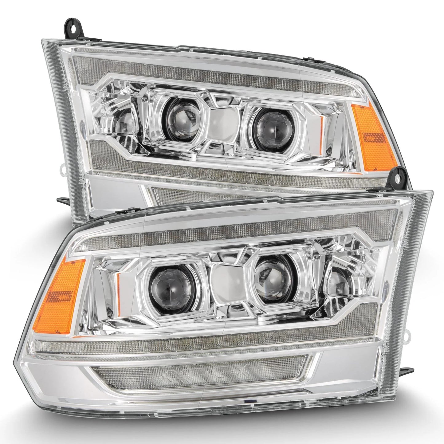 AlphaRex Chrome Plank Style Halogen Projector Headlights w/ Sequential Signal & Top Middle DRL for 2009-2018 Ram 1500 & 2019-2024 Ram 1500 Classic (SKU ARX880562 / AHL-DR09-G5-P-S-C)