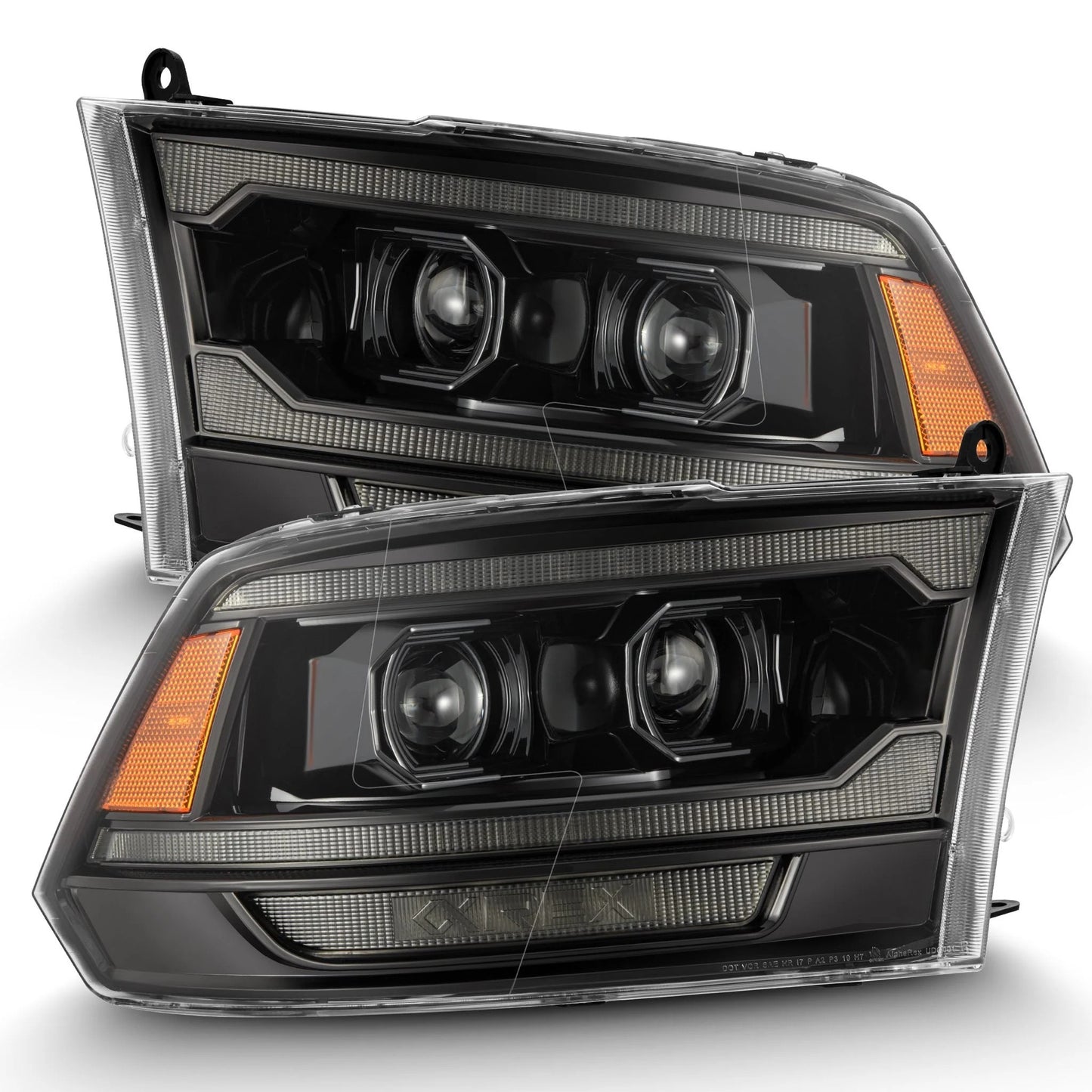AlphaRex Alpha-Black Halogen Projector Headlights w/ Sequential Signal & Top Middle DRL for 2009-2018 Ram 1500 & 2019-2024 Ram 1500 Classic (SKU ARX880563 / AHL-DR09-G5-P-S-FLB)