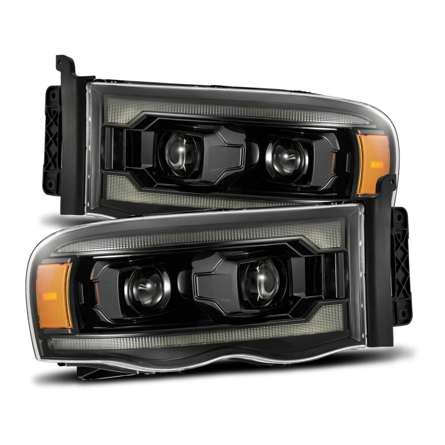 AlphaRex Alpha-Black Projector Headlights w/ Sequential Signal & DRL for 2002-2005 Dodge Ram 1500 & 2003-2005 Dodge Ram 2500/3500 (SKU ARX880572 / AHL-DR02-P-S-FLB)