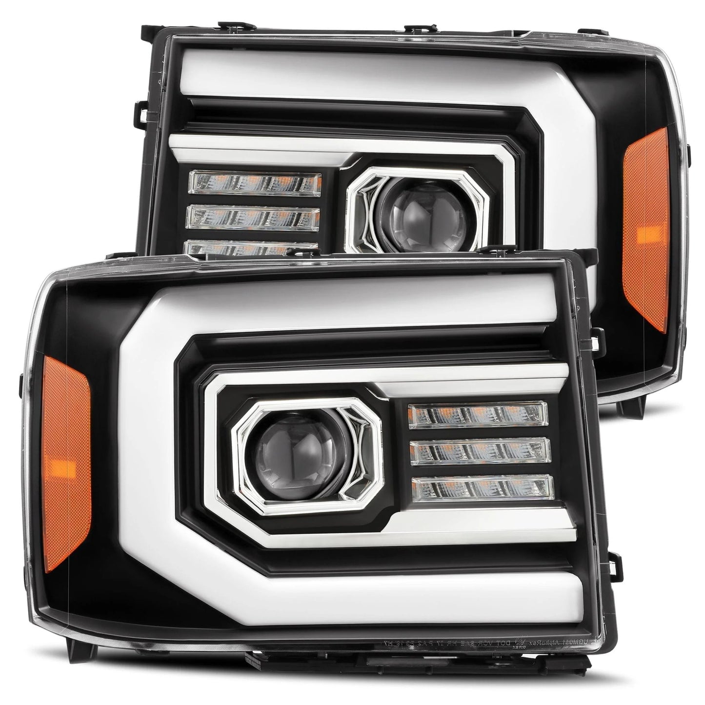 AlphaRex Matte Black Plank Style Halogen Projector Headlights w/ Activation Light & Sequential Signal for 2007-2014 GMC Sierra 1500/2500HD/3500HD (SKU ARX880606 / AXHL-GS07-PPTS-B-A)